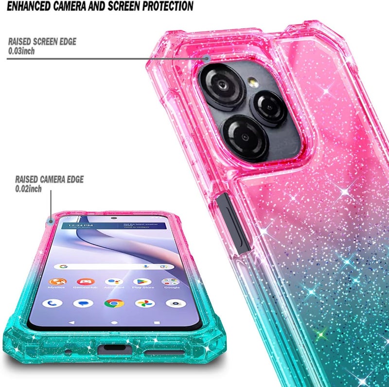 WDHD Compatible with Blu View Speed Ultra 5G Phone Case Glitter Pink/Aqua | Full-Body Protective Shockproof Bumper Cover with Tempered Glass Screen Protector, 12FT Military Grade Drop Tested - Image 2